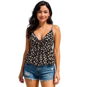 Hurley Daisy Print Tie Front Peplum Tank Top Small Surfer Y2K Beach Babydoll